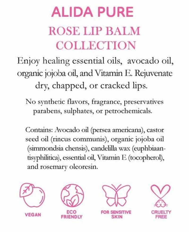 ALIDA PURE Rose Lip Balm Collection, Vegan Lip Balm Set, Beeswax Free, with Avocado Oil, Organic Jojoba Oil, and Vitamin E, Natural Moisturizer for Dry, Chapped Lips, 3 Tube Set