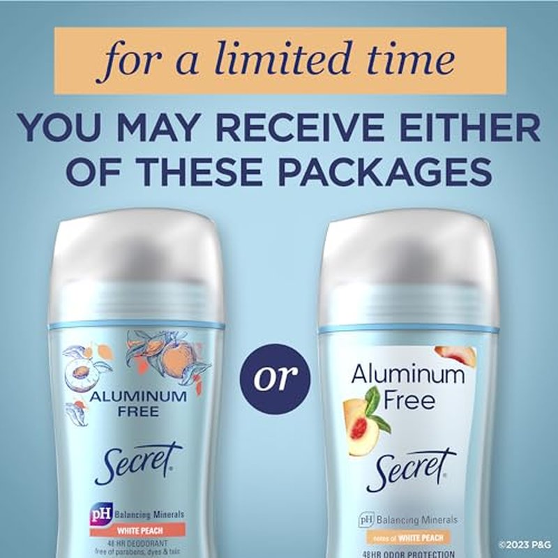 Secret Aluminum Free Deodorant for Women, 48hr Odor Protection, Free of Parabens Dyes Talc & Baking Soda, White Peach Scent, 2.4 oz (Pack Of 3)