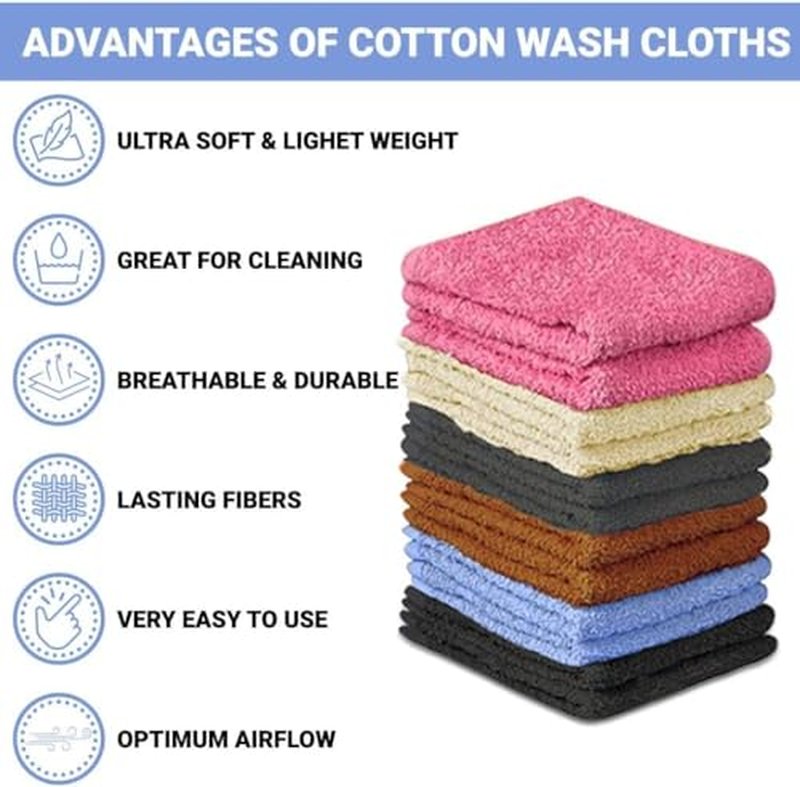 QUBA LINEN 100% Cotton - Wash Cloth Set - Pack of 24, Flannel Face Cloths, Highly Absorbent and Soft Feel Fingertip Towels (Multi Color, 12x12 Pack of 12)