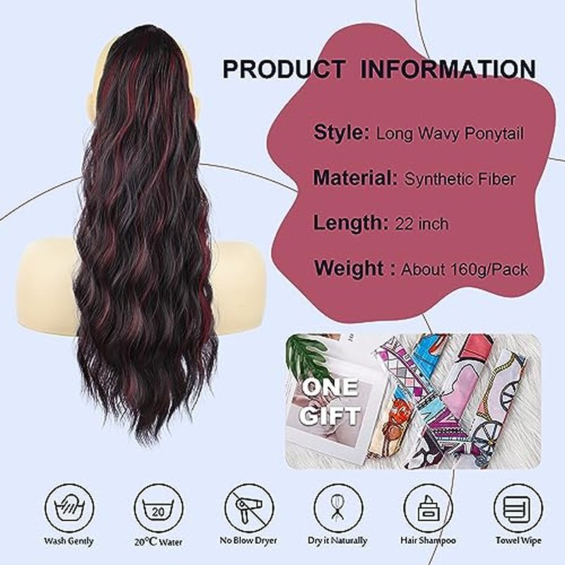 FREEMEIGE Black Drawstring Ponytail Extension Long Wavy Ponytail Extension for Women Pony tail Hair Extension Clip in Pony Tail Hairpieces(22Inch, Natural Black)