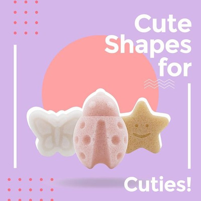 myHomeBody Konjac Baby Sponge for Bathing, Cute Shapes Natural Kids Bath Sponges for Infants, Toddler Bath Time, Natural and Safe Plant-Based Toys, 3pc. Set: Butterfly, Ladybug, Star
