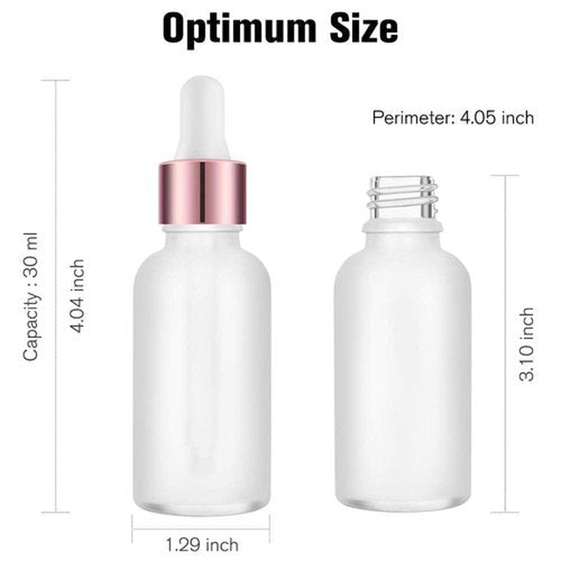 PrettyCare Eye Dropper Bottle 1 oz (24 Pack Frost Rose Glass Bottles 30ml with White and Rose Caps, 48 Labels, Funnel & Measured Pipettes) Empty Tincture Bottles for Essential Oils, Perfume