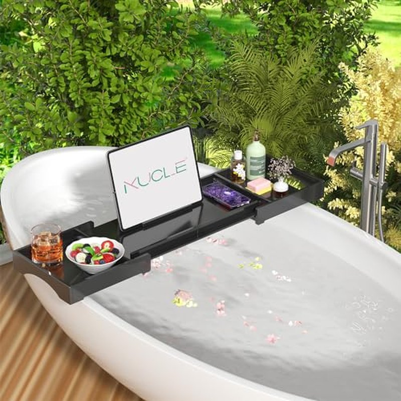 Kucle Expandable Acrylic Bathtub Tray - 18-32 Inches Bath Caddy Tray for Bathtub, Luxury Bath Tub Tray Table for Home Spa, Bath Tray for Tub, Bathroom Tub Accessory Birthday Gift for Her (Black)