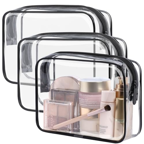 PACKISM TSA Approved Toiletry Bag - 180° Large Opening Clear Makeup Bags with Handle, Easily Access, Floral Texture Lace Clear Toiletry Bags for Traveling, Thick 0.5 mm No Smell, Black