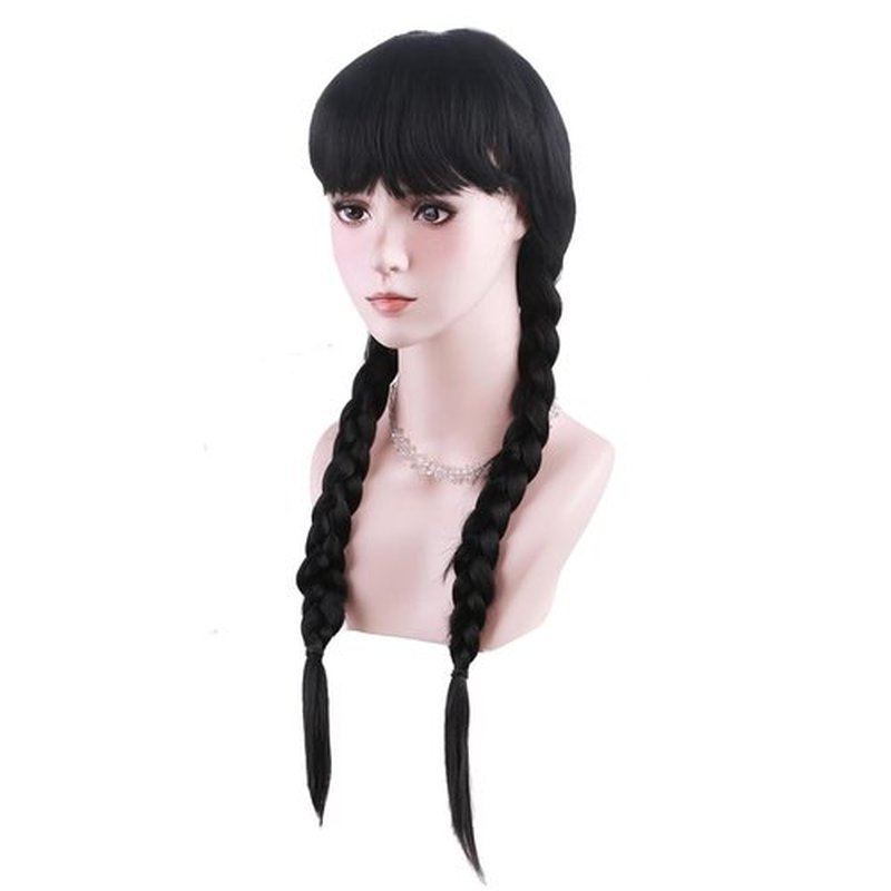 DUDUWIG Black Wig with Braids for Kid Girls Long Black Braids Wig with Bangs Long Pigtails Wig for Cosplay Costume Halloween Wig Hairnet Include