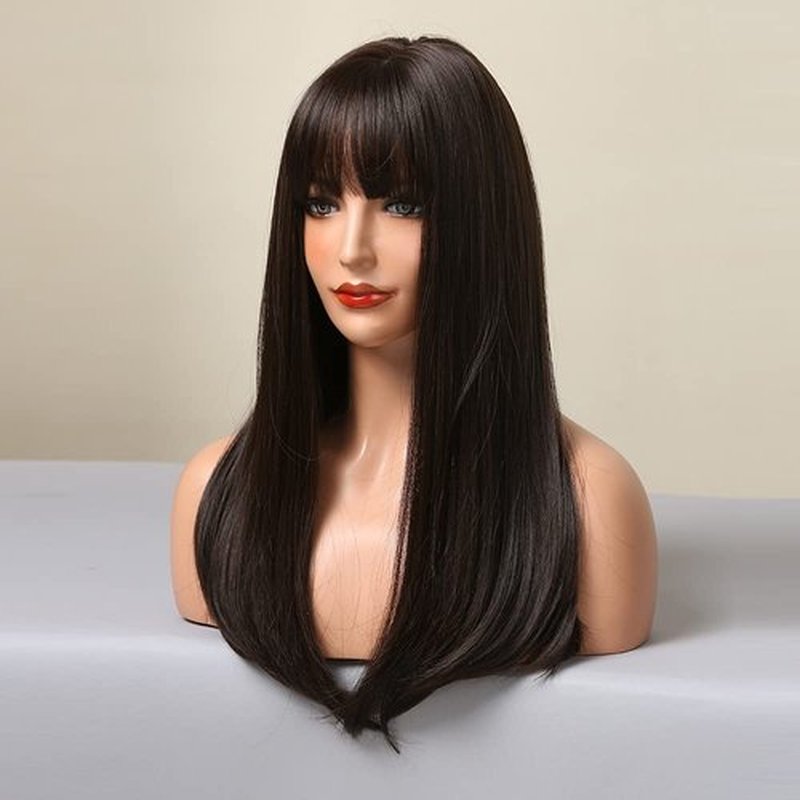 RightOn Dark Brown Wig Long Straight Wigs Deep Brown Wigs for Women Dark Brown Hair with Bangs Wig Cap Include