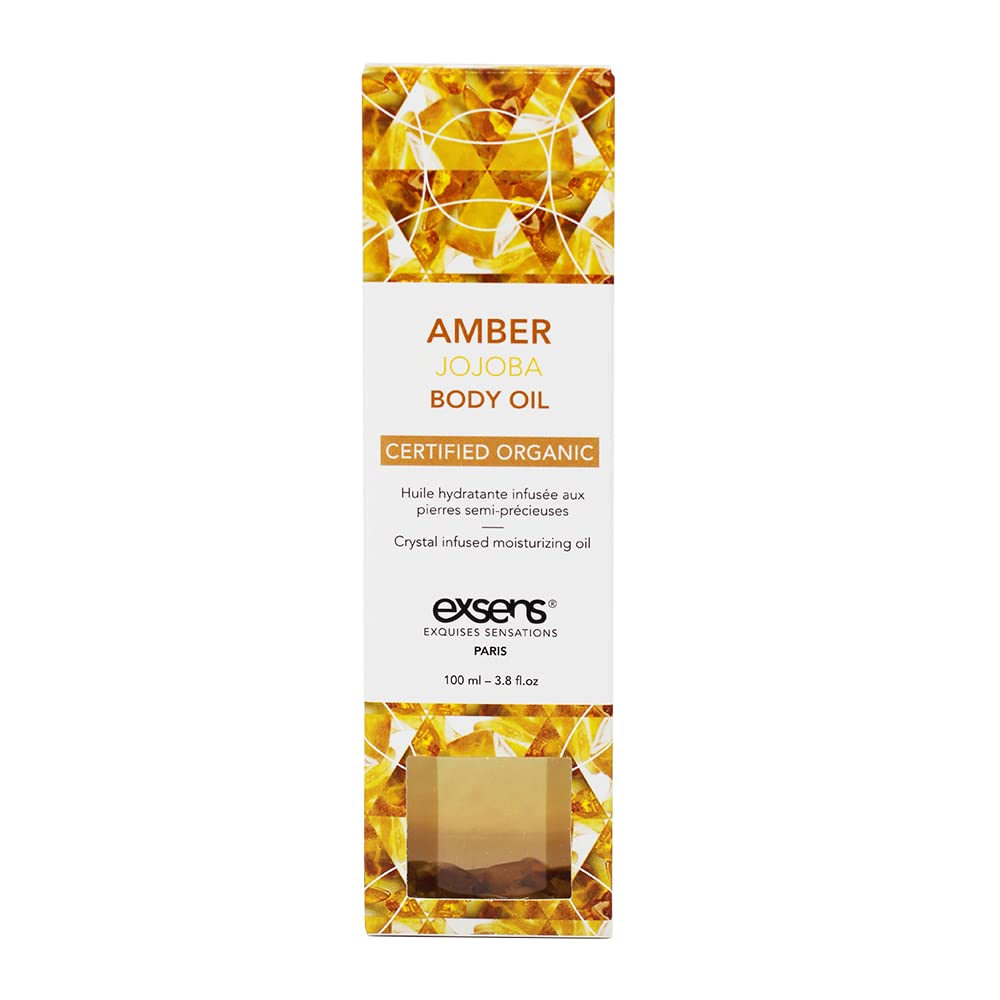 EXSENS Amber Jojoba Crystal Body Oil, Certified Organic Moisturizing Oil for Skin & Hair, Real Amber Crystals in Every Bottle, Vegan, Paraben-Free, GMO-Free, Cruelty-Free, Natural Scent, 3.8 fl oz