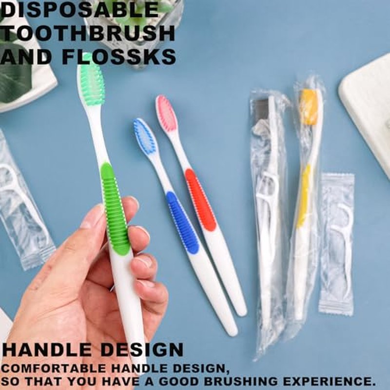 HAIFOTRVA 10Packs Disposable Toothbrushes with Floss,Single Use Individually Wrapped Disposable Travel Toothbrushes and Dental Floss Kit Bulk for Homeless,Airbnb,Dentist,Hotel(5 Colors)