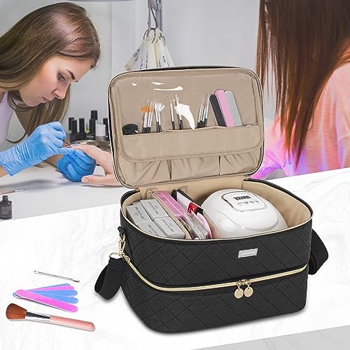 Jaffzora Nail Polish Organizer Case, Double Layers Nail Organizers and Storage, Holds 40 Bottles Gel Nail Polish&Nail Lamp, Travel Nail Supplies Carrying Bag for Nail Art Tech & Manicure Tools,Black