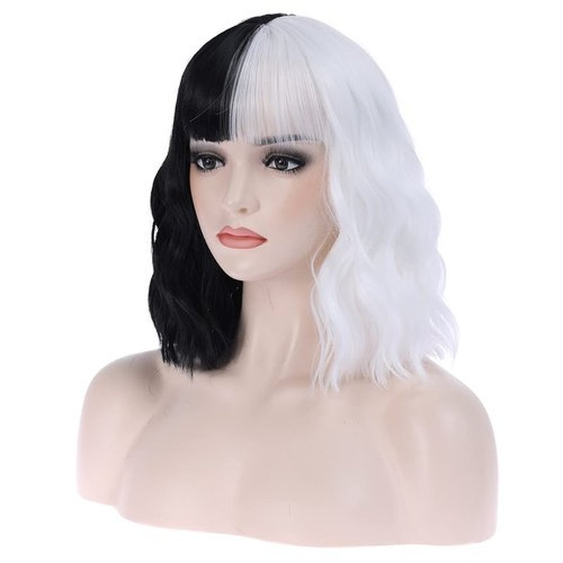 MAGQOO Half Black White Wig with Bangs Women Girls Short Curly Wavy Bob Wig Black and White Hair Wigs Halloween Cosplay Costume Party Wig