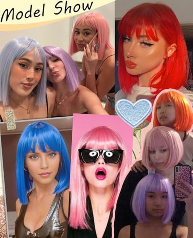 MeaYOO Blonde Wig with Bangs for Women, 12 Inch Blonde Bob Wig Short Wigs Straight Synthetic Wig for Daily Party Use, Natural Looking Shoulder Length Heat Resistant Fiber Wigs, Colorful Cosplay Wigs