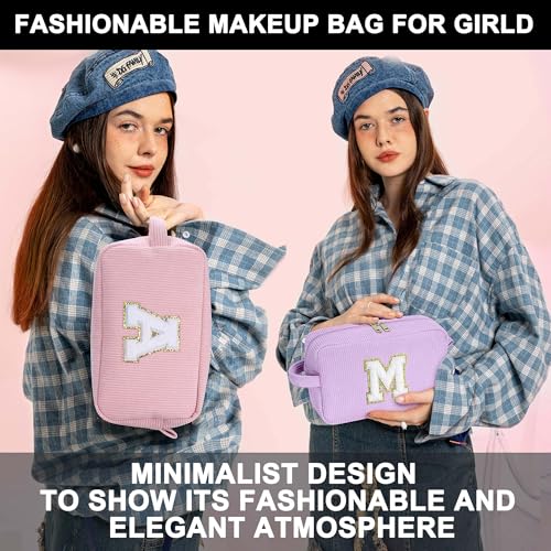 YOOLIFE Makeup Bag for Teen Girls - Cute Travel Makeup Bags Skincare Bag Corduroy Cosmetic Bag Personalized Gifts for Women Her Mom Daughter Sister Birthday Gifts for Women Girls Her Gifts Letter T