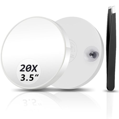 WOHOMIBAN 20X Magnifying Mirror, Magnified Mirror 3.5" with Two Suction Cups and Tweezer, Travel Magnifying Mirror Set Comes with Portable Storage Bag, Small Magnifying Mirror for Travel(White)