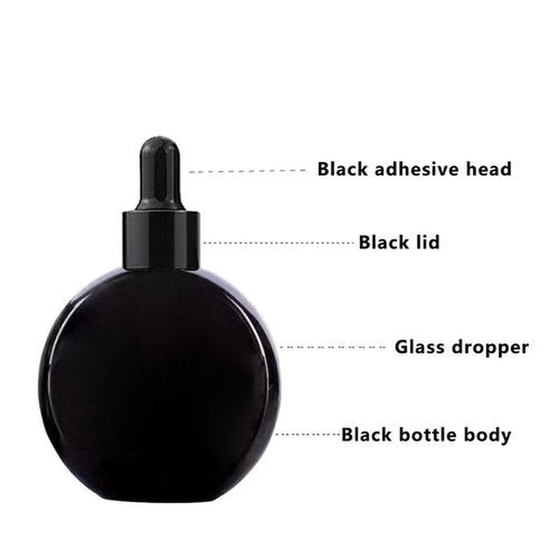 PYAWI 6Pcs, 2 oz Black Glass Dropper Bottles for Essential Oils ，60ml flat round perfume bottle with Eye Droppers， for Essential Oils, Perfumes, Serums - Leakproof for Travel (B-Black)