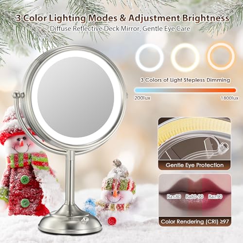Professional 8.5" Large Lighted Makeup Mirror with Brighter Lights, 1X/10X True HD Magnifying Mirror with 3 Color Dimmable Lights, 80 Shadowless LEDs, 360°Swivel Seamless Vanity Mirror, Pearl Nickel