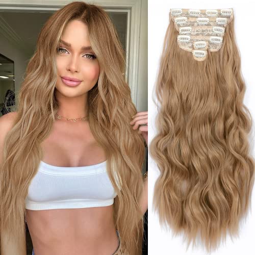 NAYOO Clip in Hair Extensions for Women 20 Inch Long Wavy Curly Ombre Brown to Blonde Hair Extension Full Head Synthetic Hair Extension Hairpieces(6PCS,Ombre Brown to Blonde)