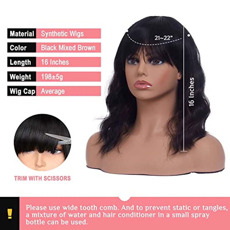 LINGDORA Curly Black Bob Wigs for Women Girl Synthetic Short Wig with Bangs Natural Water Wave Hair Wigs Heat Resistant Fiber for Daily Party Cosplay (Black)