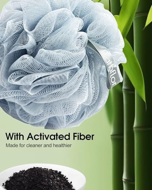 Bathflor Shower Loofah Sponge Exfoliating Body Scrubber 80g, Charcoal Loofa for Women & Men Bath Wash: 1 Long Handle Back Brush Plus 4 Packs Extra Large 80g Soft Mesh Luffa Poufs, 1 Lufa Hook (4Color)