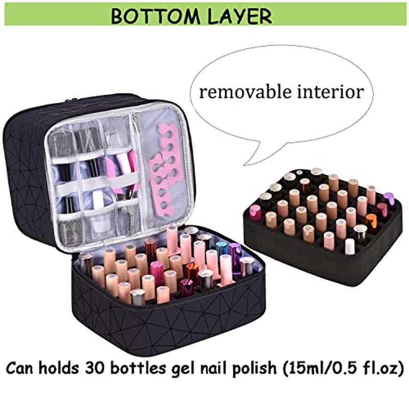 RZMAYIS Nail Polish Carrying Case Bag-Holds 30 Bottles, Double-Layer Nail Polish Storage and Nail Dryer Case (Black)