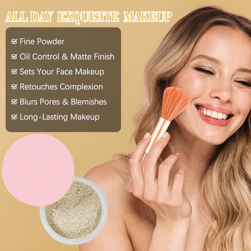 Beauty Blurring Powder,Beauty Setting Powder,Beauty Pink Setting Powder with Powder Puff Brush，Waterproof Setting Powder For All Skin Tones (Beige, 1 Set)