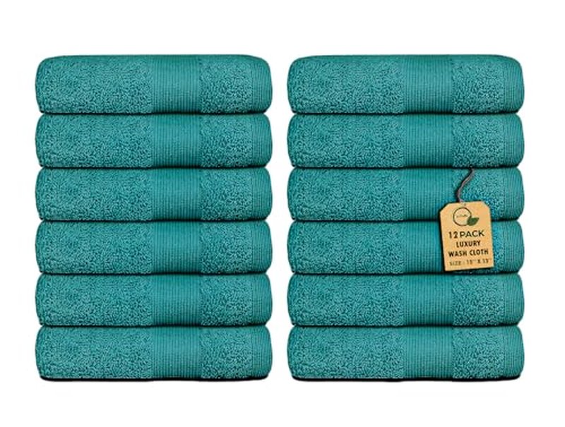 Premium Wash Cloths Pack of 12 (13" x 13" Inches)- 100% Combed Ring Spun Cotton WashCloth - Luxury Washcloths – Ultra Soft Face Towels - Highly Absorbent Wash Cloth for Face (Grey) (Teal)