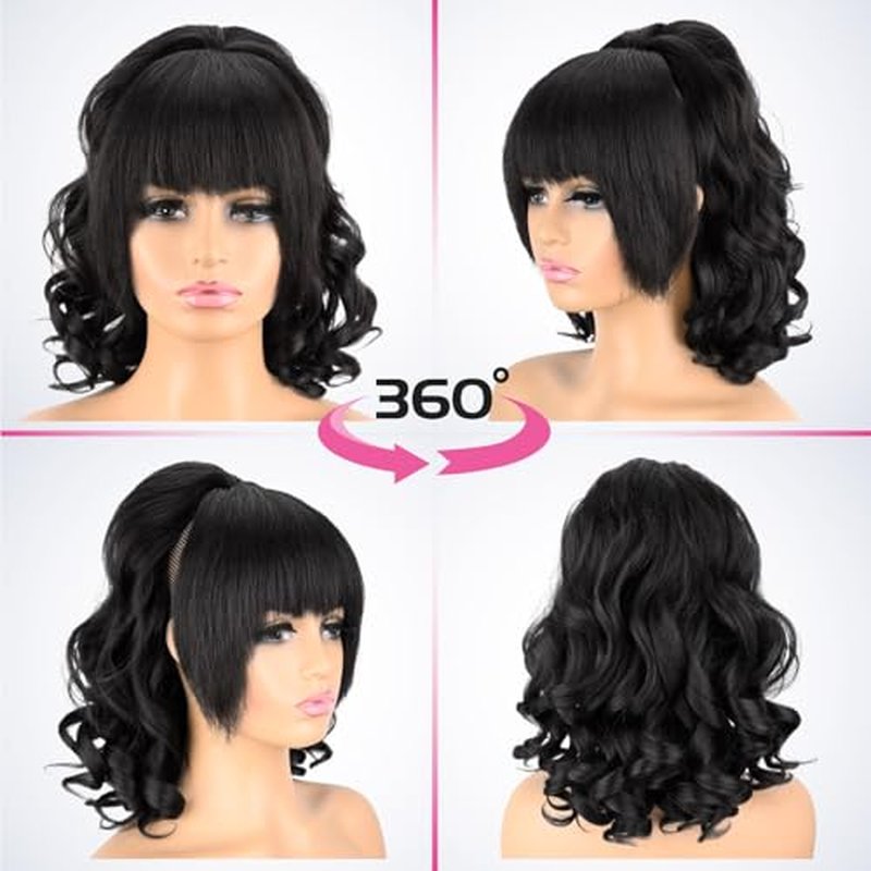 UAmy Hair Long Natural Black Drawstring Ponytail Extension for Women 18inch Loose Curly Ends Yaki Straight Drawstring Ponytail with Bangs Synthetic Kinky Straight Pony Tail Hairpieces for Daily Use