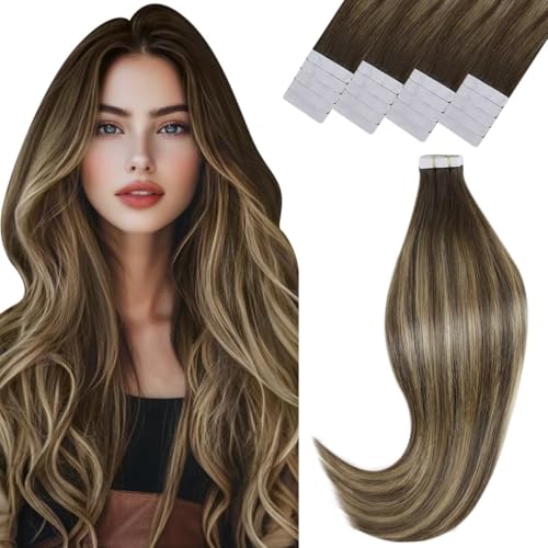 Vivien Balayage Tape in Hair Extensions Human Hair Brown to Caramel Blonde Tape in Extensions Human Hair Invisible Tape in Human Hair Extensions Seameless 22 Inch Short Human Hair 50g 20pcs