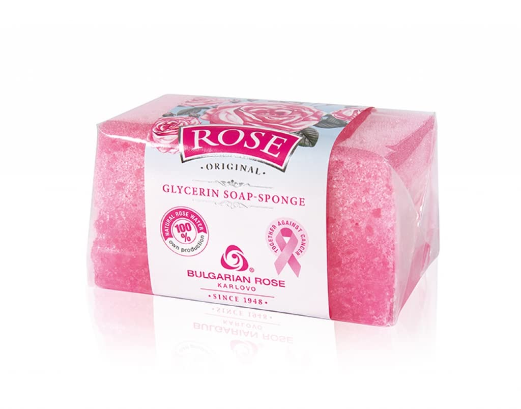 Bulgarian Rose Exfoliating Soap Sponge with Natural Rose Oil, Cleansing Soap Bar and a Gentle Exfoliating Sponge in One