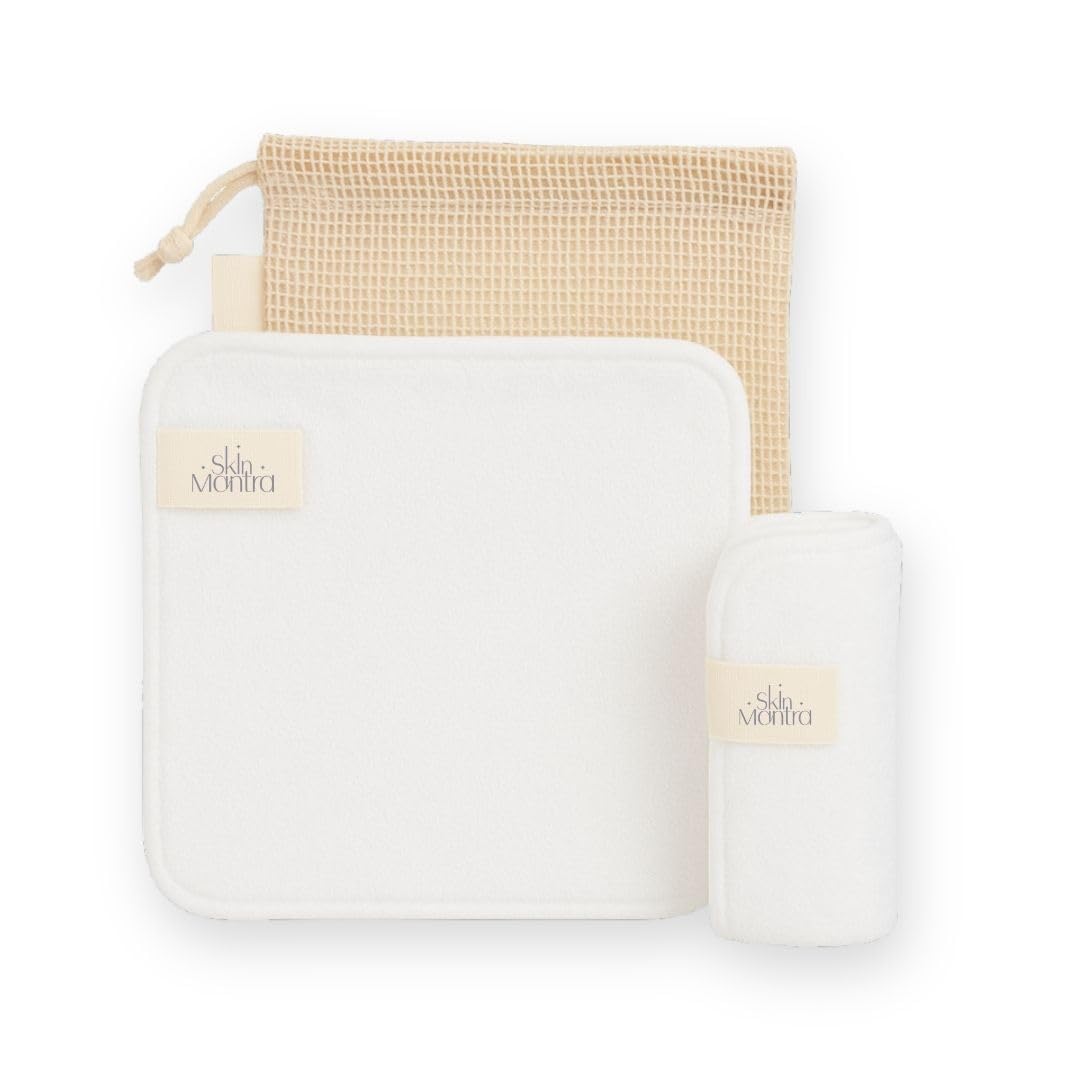 [SKIN MANTRA] Let Glow Bamboo + Cotton Reusable Makeup Remover Wipes – 2-Pack with Mesh Wash Bag – Double-Layer Soft Face Cloths for Makeup Removal, Daily Cleansing & Mask Removal