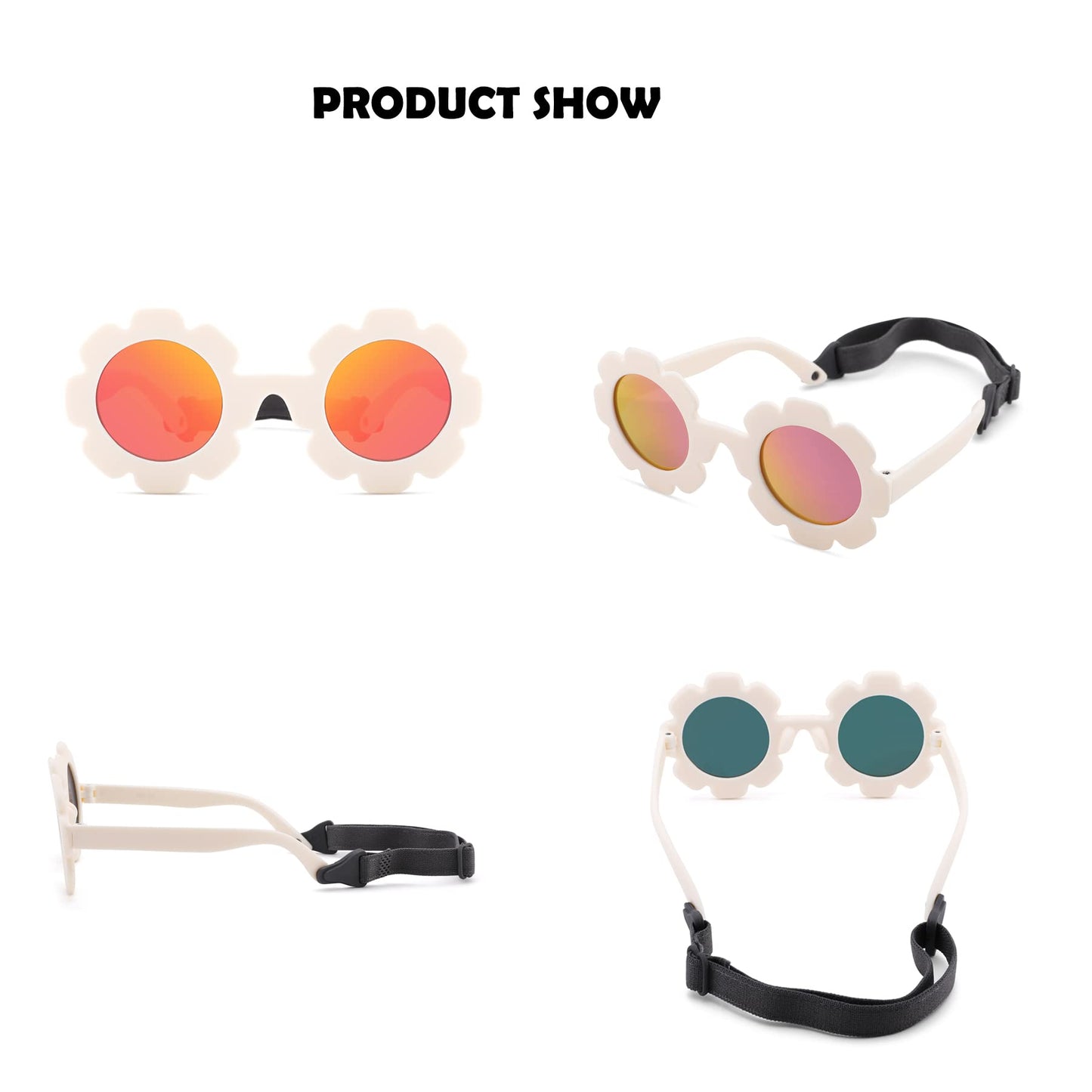 Bouryo Flexible Baby Polarized Flower Sunglasses with Strap Bendable Frame for Infant Boys Girls Ages 0-24 Months (B3 White/Purple Red Mirror + Pink/Pink Mirror)