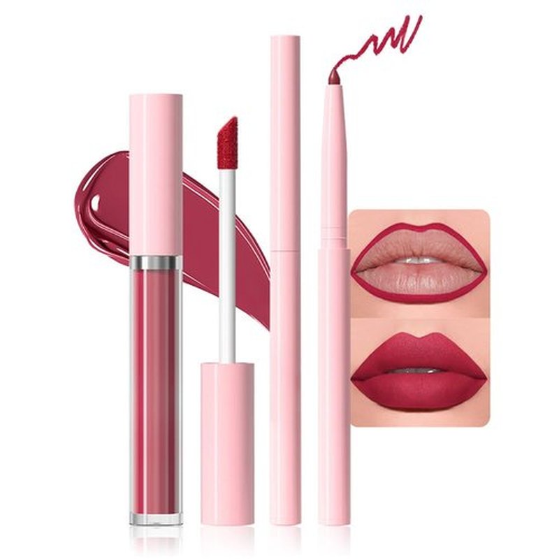 JUAAZIN 2pcs Vivid Burgundy Matte Lip Liner and Lipstick Makeup Set, Vegan Lipstick Lip Liner and Gloss Set Lip Stain Long Lasting Waterproof Smudge-Proof Properties Non-stick Cup(Vivid Burgundy 07#)