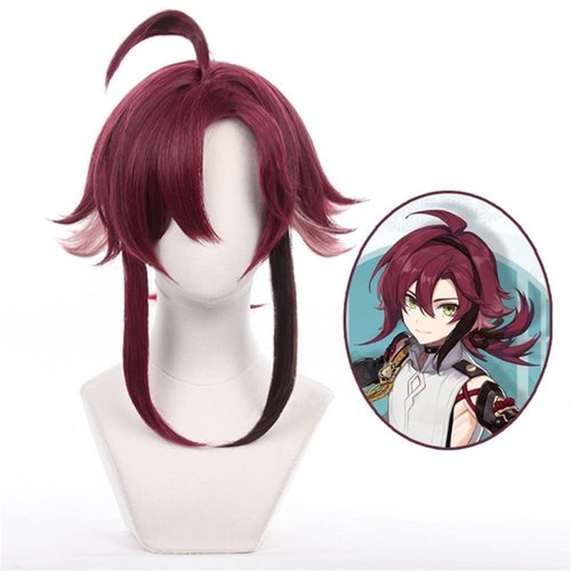 Mystylecos Anime Shikanoin Heizou Cosplay Wig Genshin Impact Wine Red Upturned Ponytail Wig