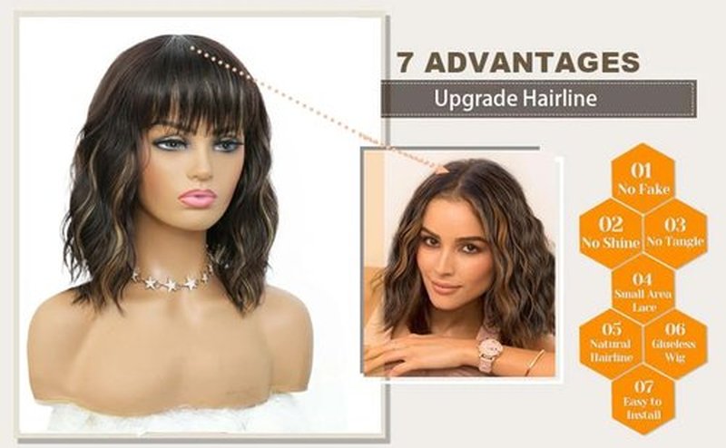 LYNLYSHAN Curly Bob Wig With Air Bangs Natural Wavy Short Bob Wigs Women's Shoulder Length Wigs Synthetic Cosplay for Girl Colorful Wigs(14",Blonde Mixed Black)