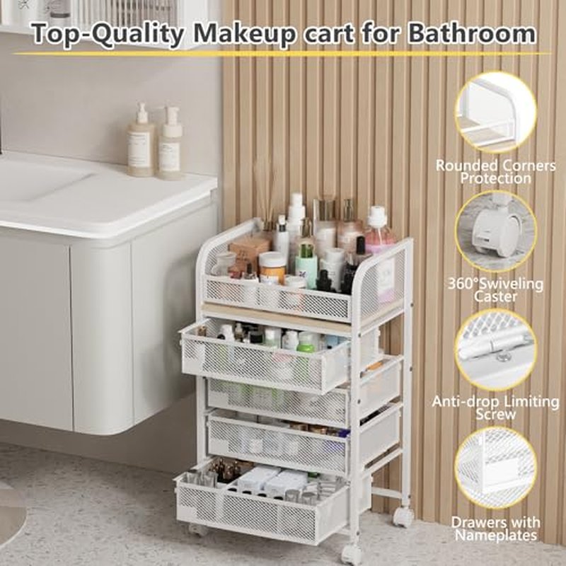 MODCART Makeup Organizer with 4 Drawers, Skincare Storage, Floor Skincare Organizers with Wheels Nameplates,Vanity Cosmetic Holder for Perfume, Nail Polish, Brushes, White