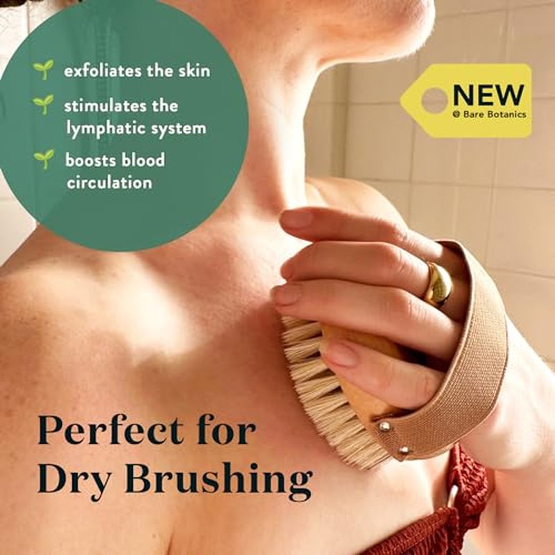 Bare Botanics 17" Dry Brushing Body Brush | Medium Firmness, Natural Color & Silicone Grip | Extra Long Bath Brush w/Hang Rope | Back Scrubber for Shower