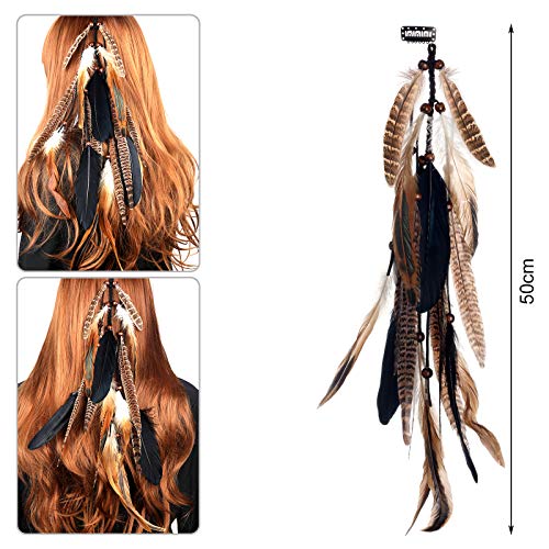 2Pcs Feather Hair Clip-in Extensions for Women Halloween Cosplay Costume Carnival Party Headdress, Handmade Bohemian Hippie Hair Clip Comb, Mixed Peacock Pheasant Tails Feather Clips Black Brown