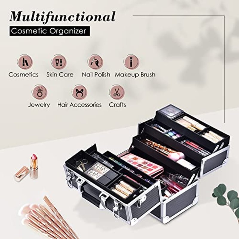 FRENESSA Makeup Train Case Large Cosmetic Box 6 Tier Trays with Compartments Professional Makeup Box Jewelry Storage Organizer Case Adjustable Bottom with Shoulder Strap - Black