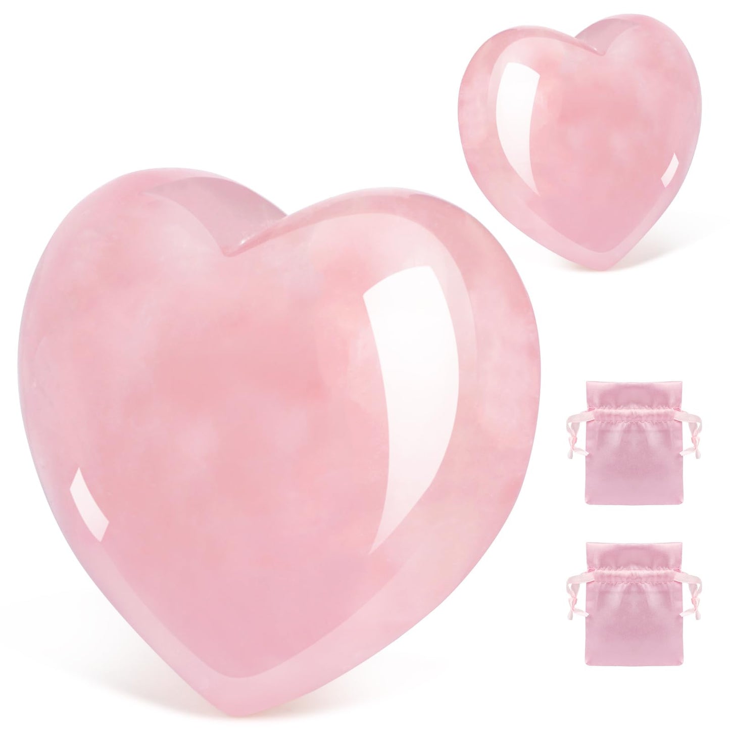 ideayard 45mm Rose Quartz Crystal, 2pcs Heart Stone Puff Heart, Love Palm Healing Stone, Reiki Crystal Gemstone Worry Stones for Anxiety Crystal