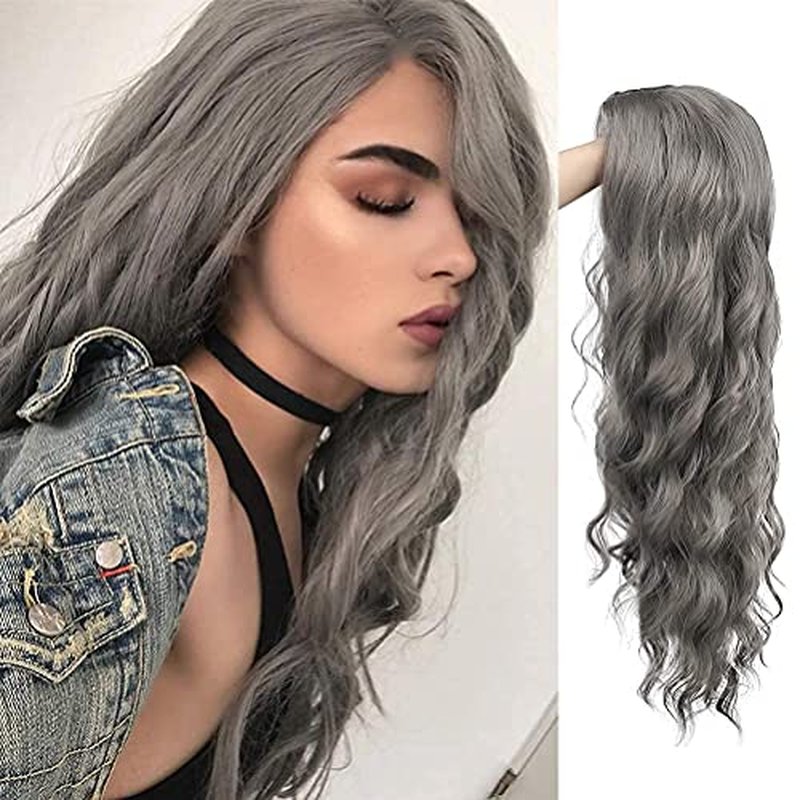 Beweig Long Wavy Gray Wigs for Women Long Curly Wavy Grey Wigs Synthetic Cosplay Wig for Halloween Costume(25 inch)