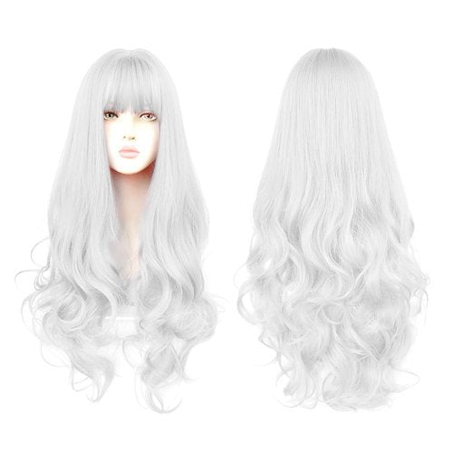 sorkwo White Wig for Women Long White Wig Curly Wavy Hair Wigs for Daily Harajuku Lolita White Cosplay Wig Party Wig