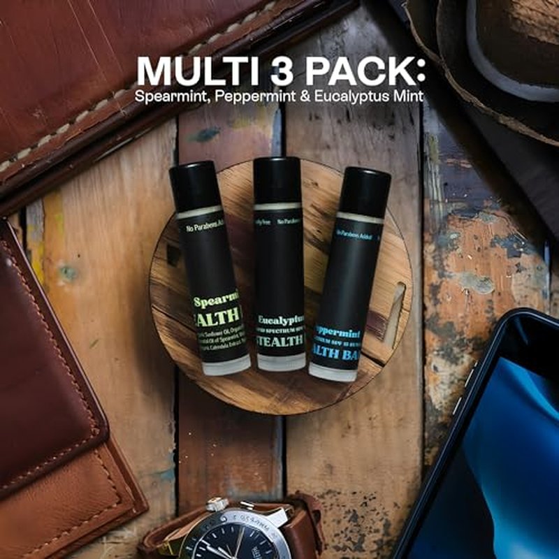 STEALTH BALMS Organic Mint Lip Balm - SPF 15 Sun Protection - Moisturizing Lip Balm - Includes Spearmint, Peppermint, and Eucalyptus Mint Lip Balms - Chapstick to Smooth Chapped Lips, Gifts for men
