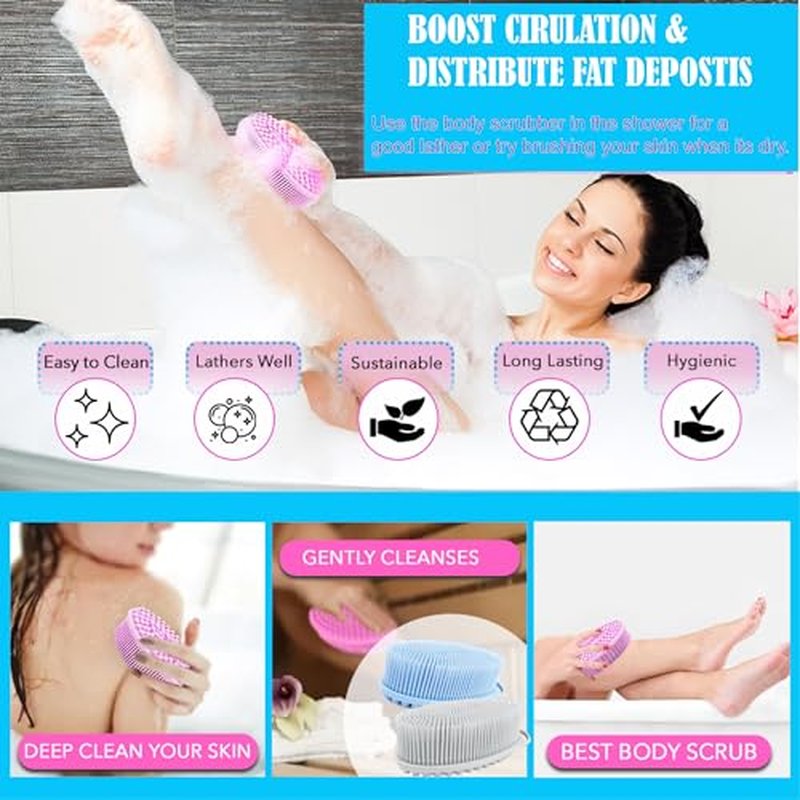 Avilana Silicone Exfoliating Body Scrubber – Dual-Sided Silicone Loofah for Shower, Body Scrubber for Men & Women, Gentle Loofa Alternative, Easy-to-Clean Silicone Body Scrubber(Pink with Silver)