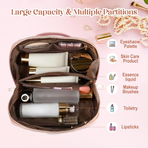 TOPEAST Travel Makeup Bag, Large Capacity Initial Cosmetic Bags for Women, Waterproof Portable Pouch Open Flat Toiletry Bag Quilted Make up Organizer with Divider Handle, Birthday Gift for Women, T