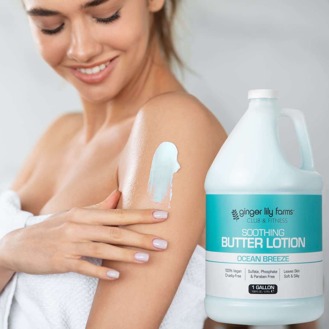 Ginger Lily Farms Club & Fitness Soothing Butter Lotion for Dry Skin, 100% Vegan & Cruelty-Free, Ocean Breeze Scent, 1 Gallon (128 fl oz) Refill