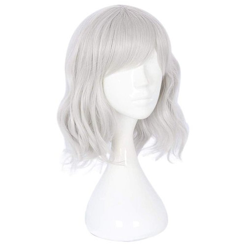 14" Women Short Bob Wig with Bangs Curly Wavy Harajuku Synthetic Cute Daily Halloween Party Cosplay Hair(silver)