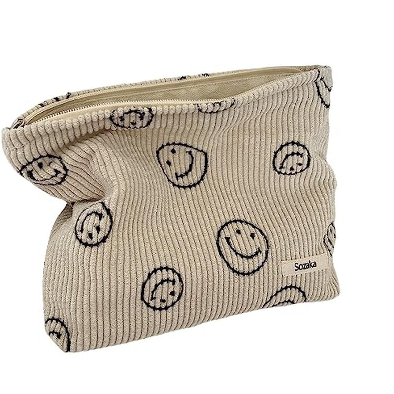 Cosmetic Bags for Women - Corduroy Cosmetic Bag Aesthetic Women Handbags Purses Smile Dots Makeup Organizer Storage Makeup Bag Girls Case Bags (Pure Gray)