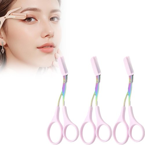 Eyebrow Trimmer Scissors for Women,Non-Slip Stainless Steel Eyebrow Scissors with Comb,2 in 1 Portable Professional Eyebrow Trimmer,Eyebrow Razor Makeup Tool (3 Pcs (Pink-Purple))