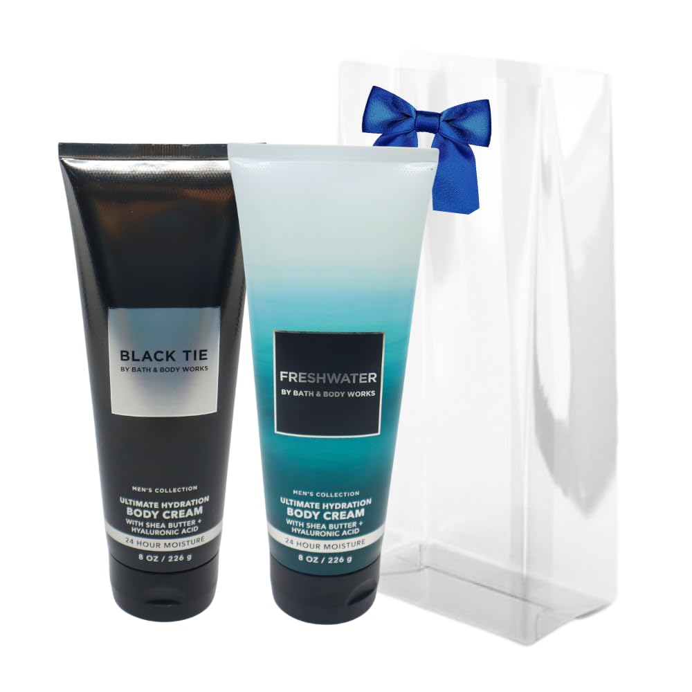 Bath & Body Works Black Tie and Freshwater Ultimate Hydration Body Cream for Men 2pc bundle Gift Set with a Blue bow for Holiday - 8 oz each