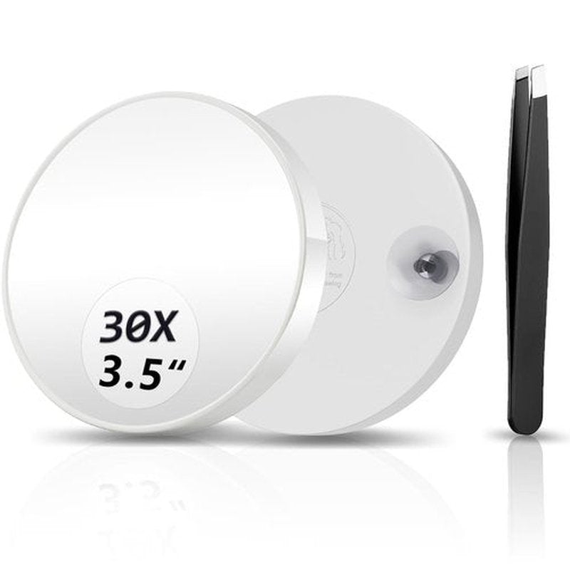FAHZON 30X Magnifying Mirror, Magnified Mirror 3.5" with Two Suction Cups and Tweezers, Travel Magnifying Mirror Set Comes with Portable Storage Bag, Small Magnifying Mirror for Travel(White)