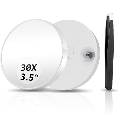 FAHZON 30X Magnifying Mirror, Magnified Mirror 3.5" with Two Suction Cups and Tweezers, Travel Magnifying Mirror Set Comes with Portable Storage Bag, Small Magnifying Mirror for Travel(White)